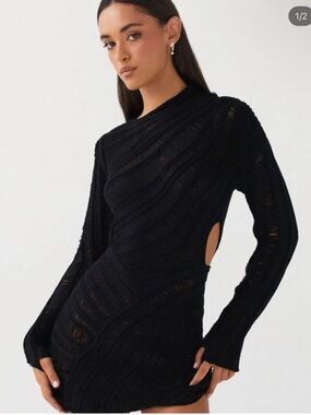 Peppermayo Black Ribbed Cutout Long Sleeve Mini Dress